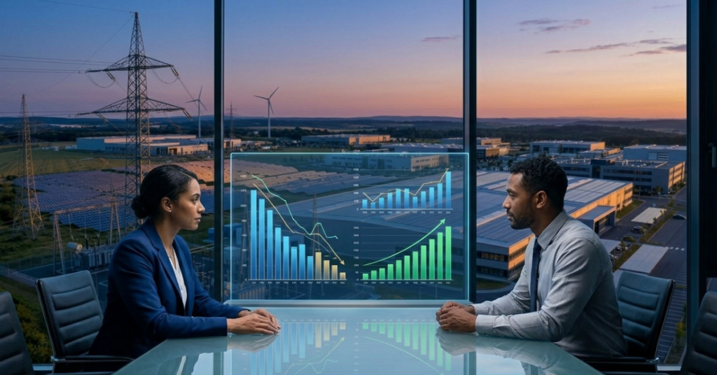 Uma sala de reuniões corporativa moderna ao crepúsculo, onde uma mulher e um homem diversos em trajes de negócios sentam-se em uma mesa de vidro polido. Eles estão focados em um monitor interativo transparente brilhante posicionado entre eles, que mostra gráficos de dados complexos e visualizações de desempenho de energia operacional (com tendências verdes ascendentes em margem e EBITDA). Do lado de fora da janela do chão ao teto, uma vista panorâmica revela uma vasta paisagem industrial que integra torres de transmissão tradicionais de alta tensão com modernas usinas solares utility-scale (tanto montadas no solo quanto em telhados) e turbinas eólicas contra um horizonte colorido do pôr do sol. A cena conecta a tomada de decisão corporativa com a infraestrutura de energia híbrida moderna.