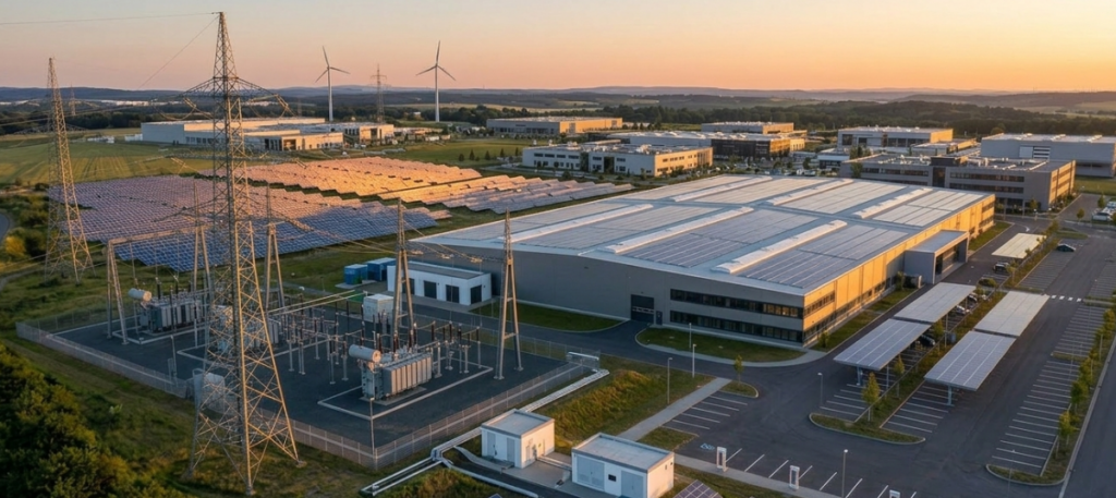 Vista panorâmica de uma subestação de alta tensão integrada a um complexo industrial com usina solar fotovoltaica ao pôr do sol, representando a infraestrutura de energia para o Grupo A em 2026.